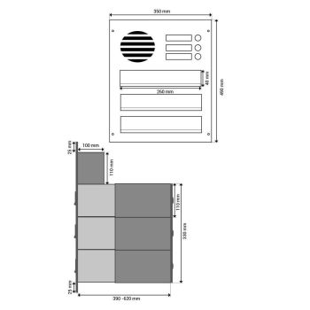 B-042 Sistema di cassette postali a parete in 3 pezzi con schermo citofonico in colore RAL 7016