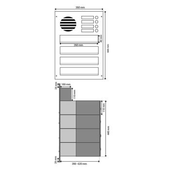 4er Edelstahl Mauerdurchwurf Briefkastenanlage mit Sprechsieb - T: 39-62 cm- B-042