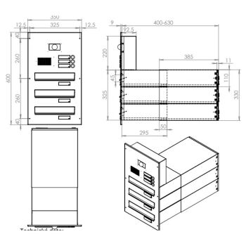 3er Edelstahl Kamera Durchwurf Briefkastenanlage - T: 39-62 cm- B-042